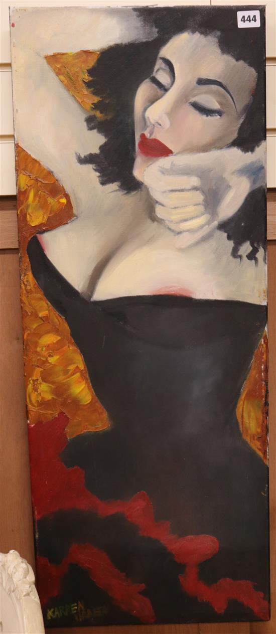 Karen Urben, two oils on canvas, woman in basques, signed 100 x 30cm and 90 x 35cm, unframed